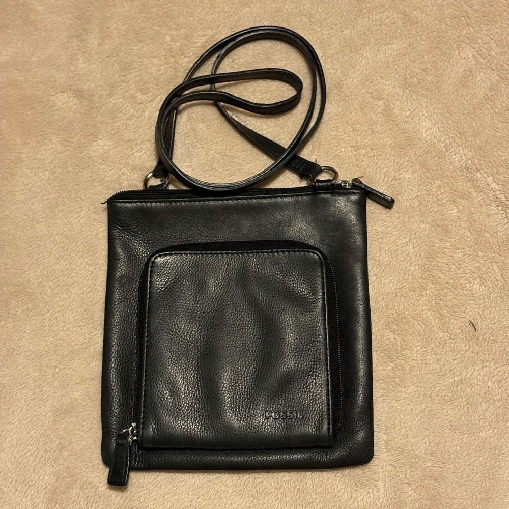 Vtg Fossil Crossbody Handbag S Black Leather Organizer Credit Card ID Bag Travel
